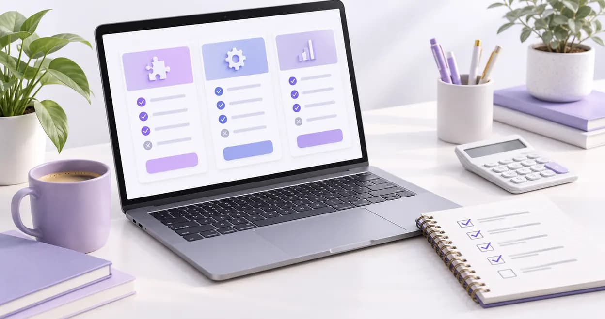 Laptop showing three plugin plan cards with feature checklists, beside a calculator and a checked-off notebook.