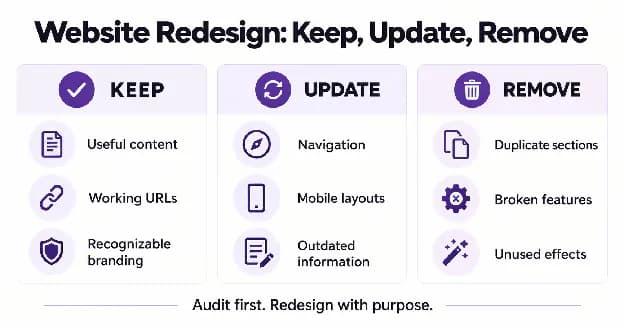 Website redesign decision diagram showing useful content, working URLs, and branding to keep; navigation, mobile layouts, and outdated information to update; and duplicate sections, broken features, and unused effects to remove.