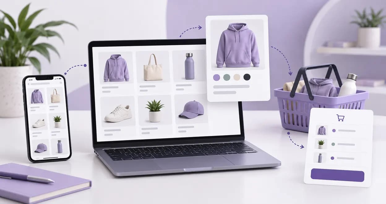 Store products on a laptop and phone, linked to a variation picker, a shopping basket and a checkout summary.