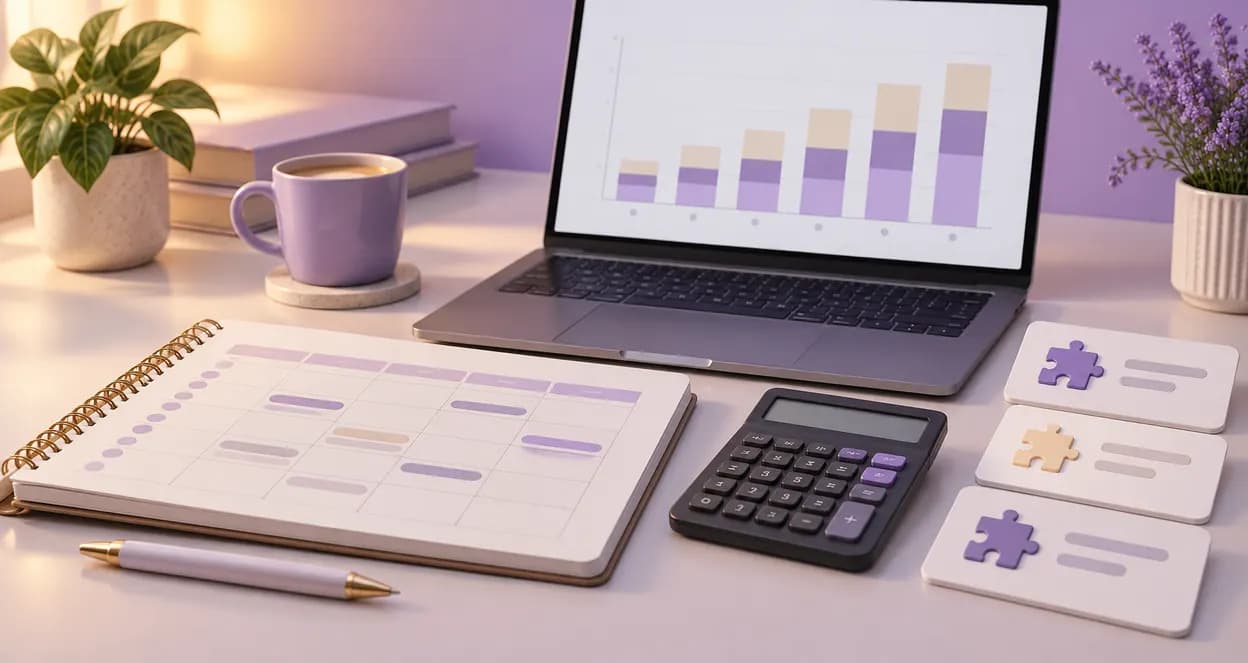 Plugin budget planning: a cost chart on a laptop, a calendar planner, a calculator and three plugin cards.