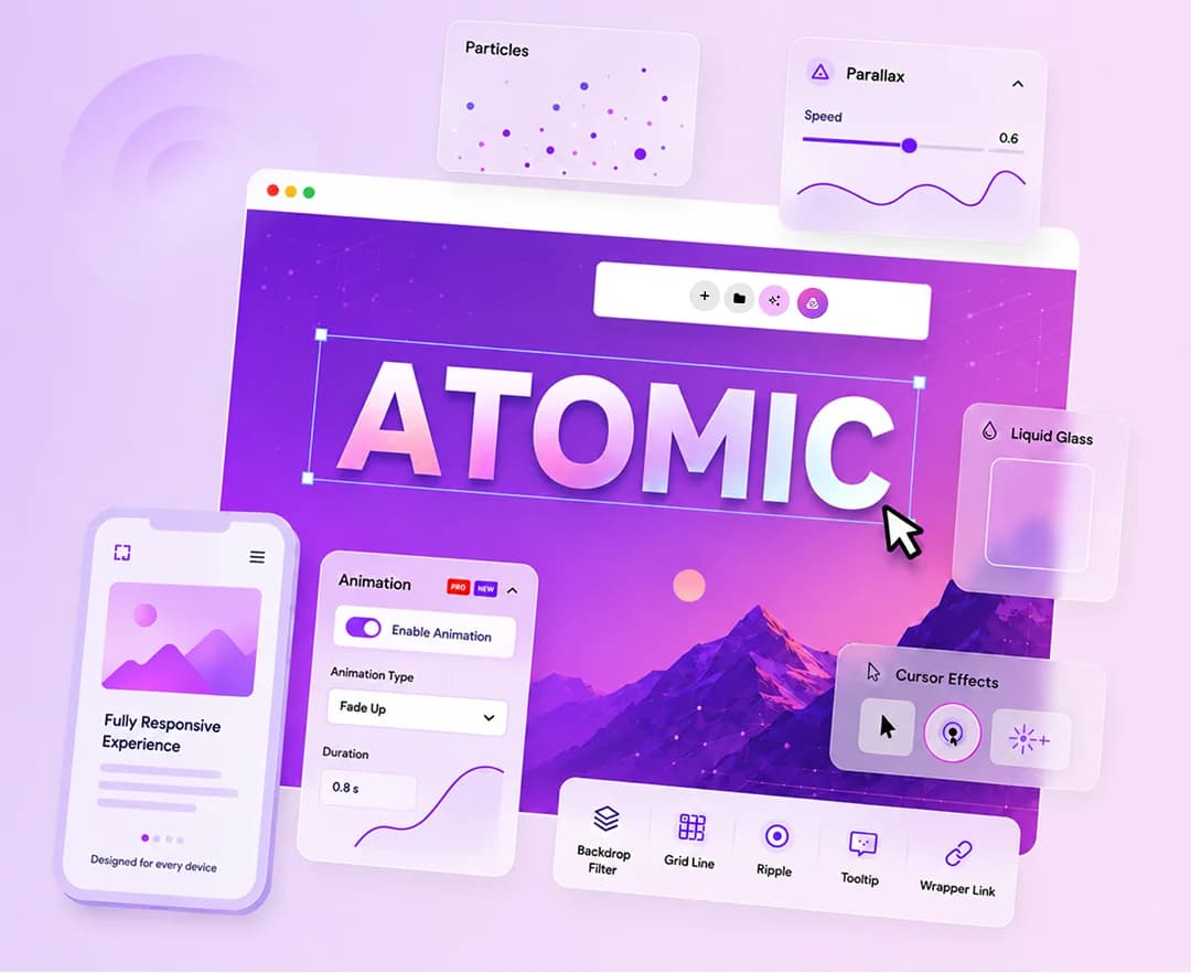 Atomic Elements powerful Elementor addons shown on a laptop with layered design panels