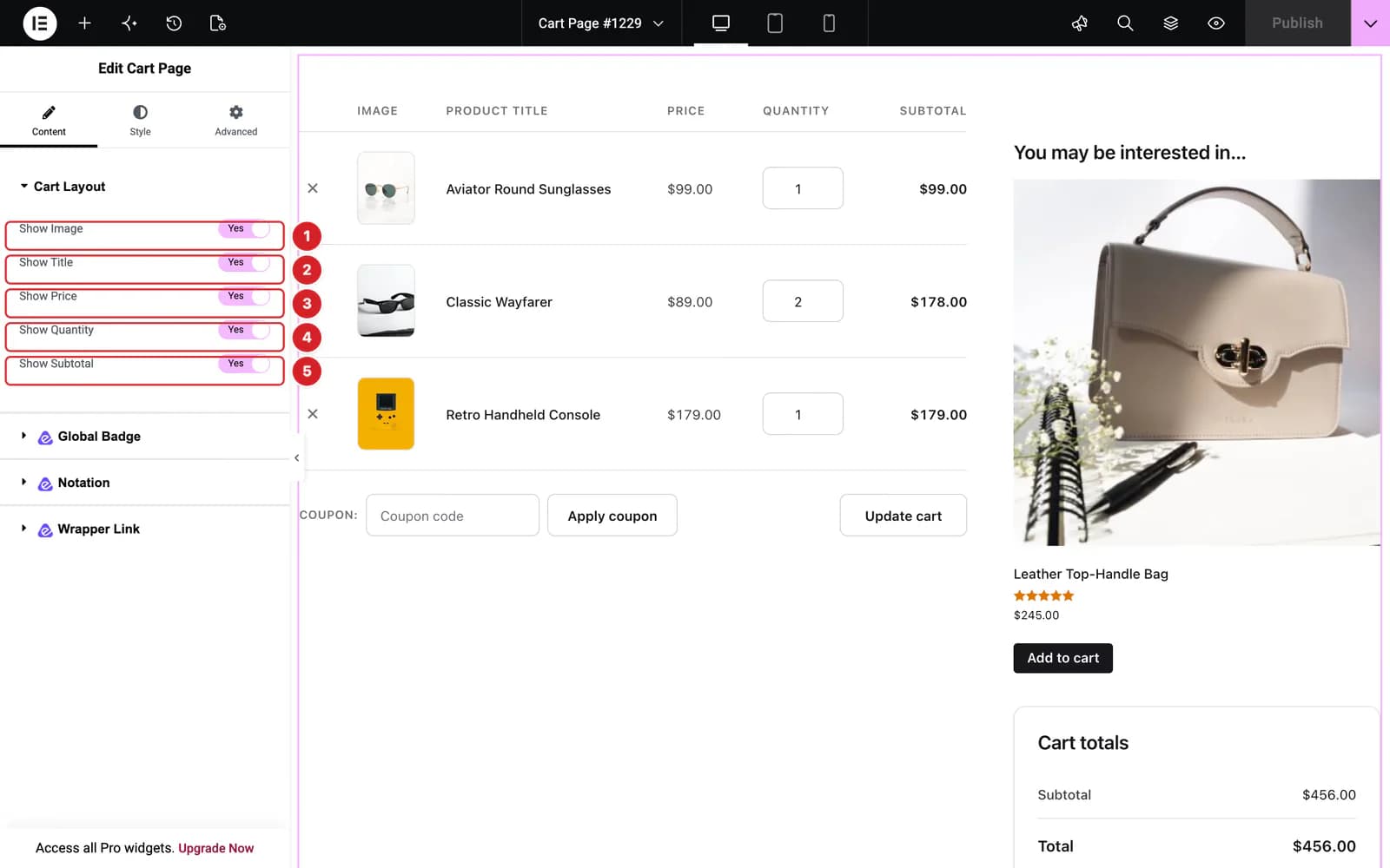 The Cart Page widget selected in the Elementor editor, with its Cart Layout controls open