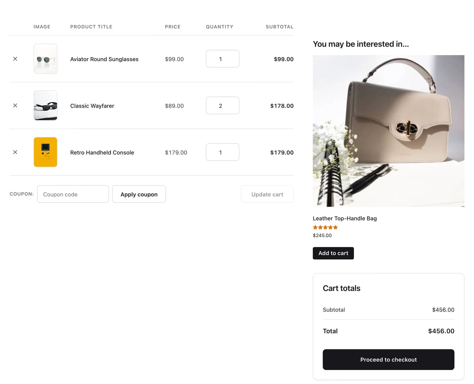 The Cart Page widget on a live cart page, with the item table, coupon field and totals card