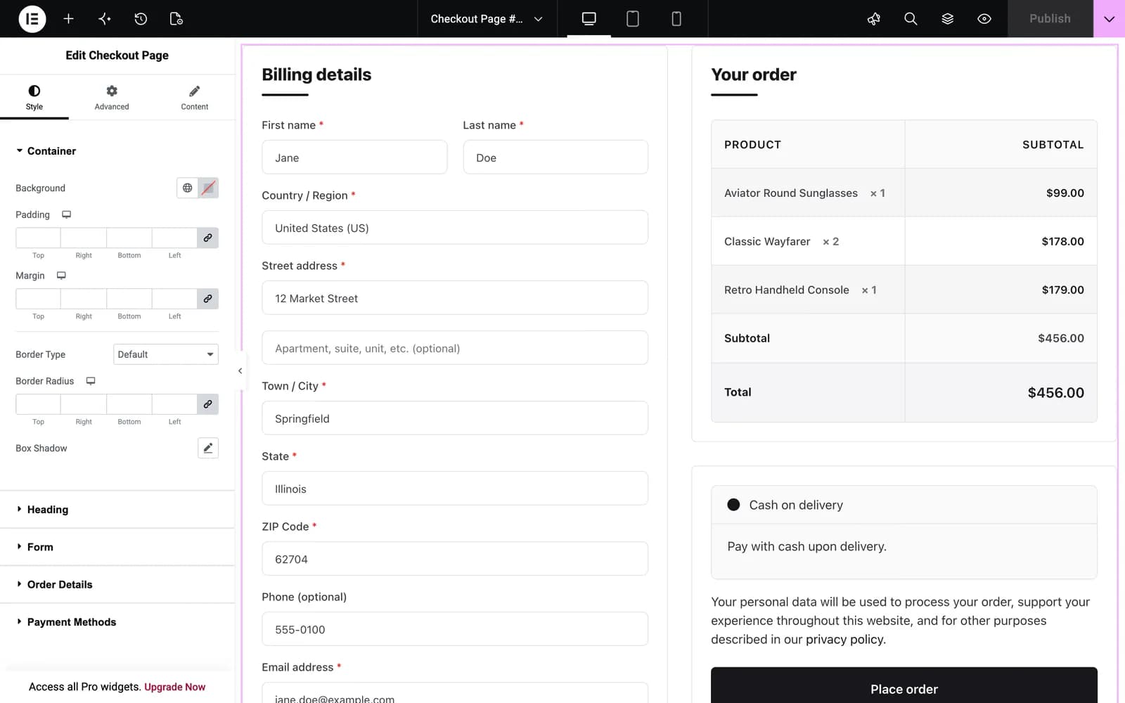 The Checkout Page widget selected in the Elementor editor, with its Style sections listed
