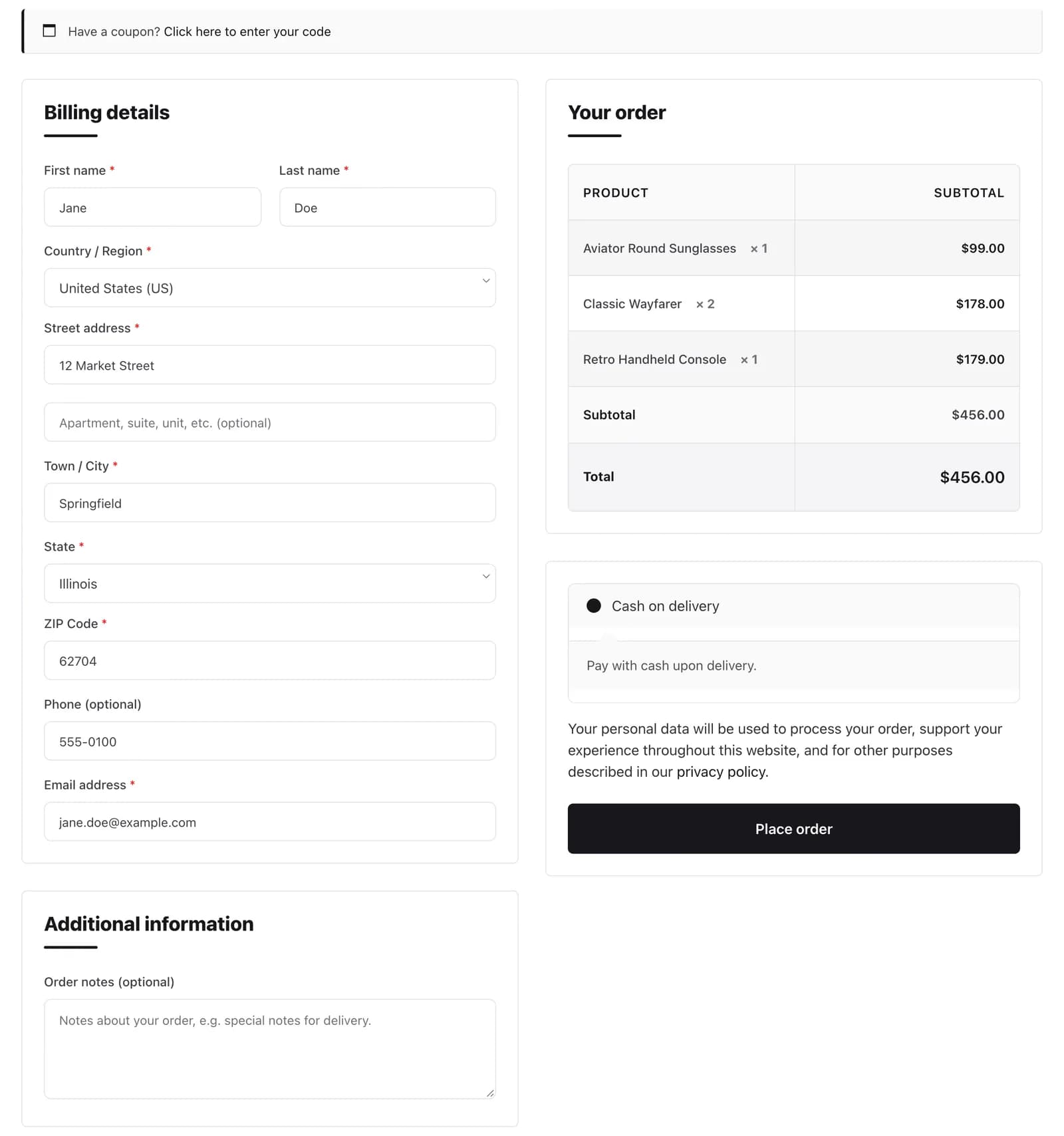 The Checkout Page widget on a live checkout, with the billing form, order summary and payment methods