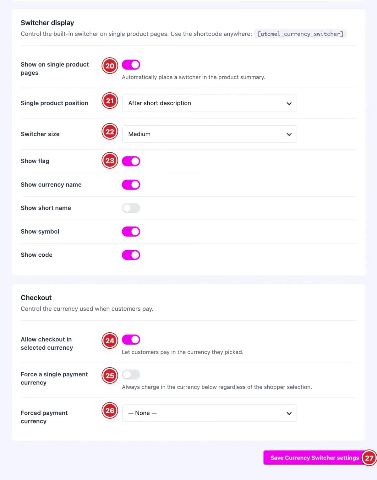 Switcher display and checkout settings