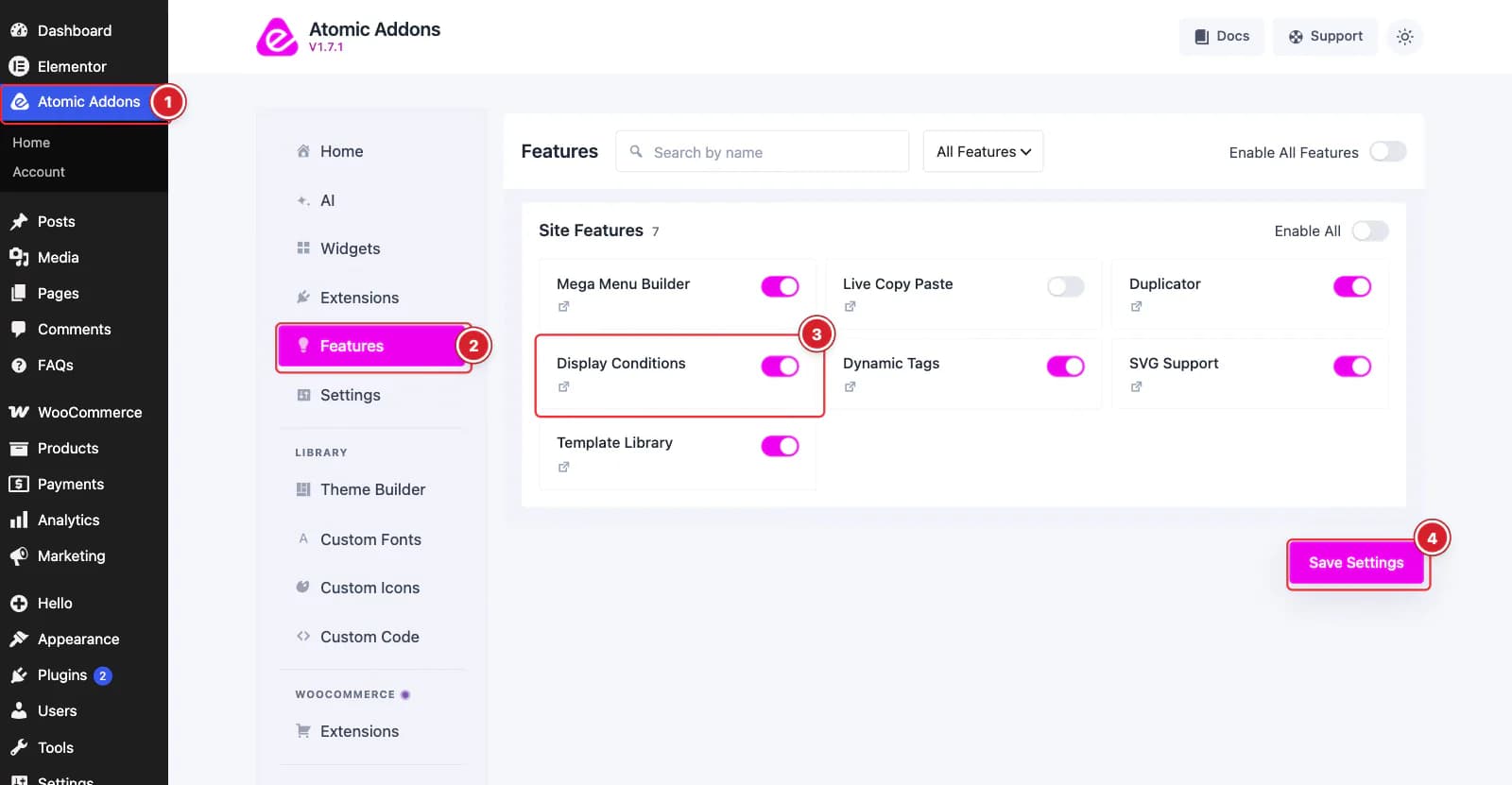 Enable the Display Conditions feature in the Atomic Addons Features screen