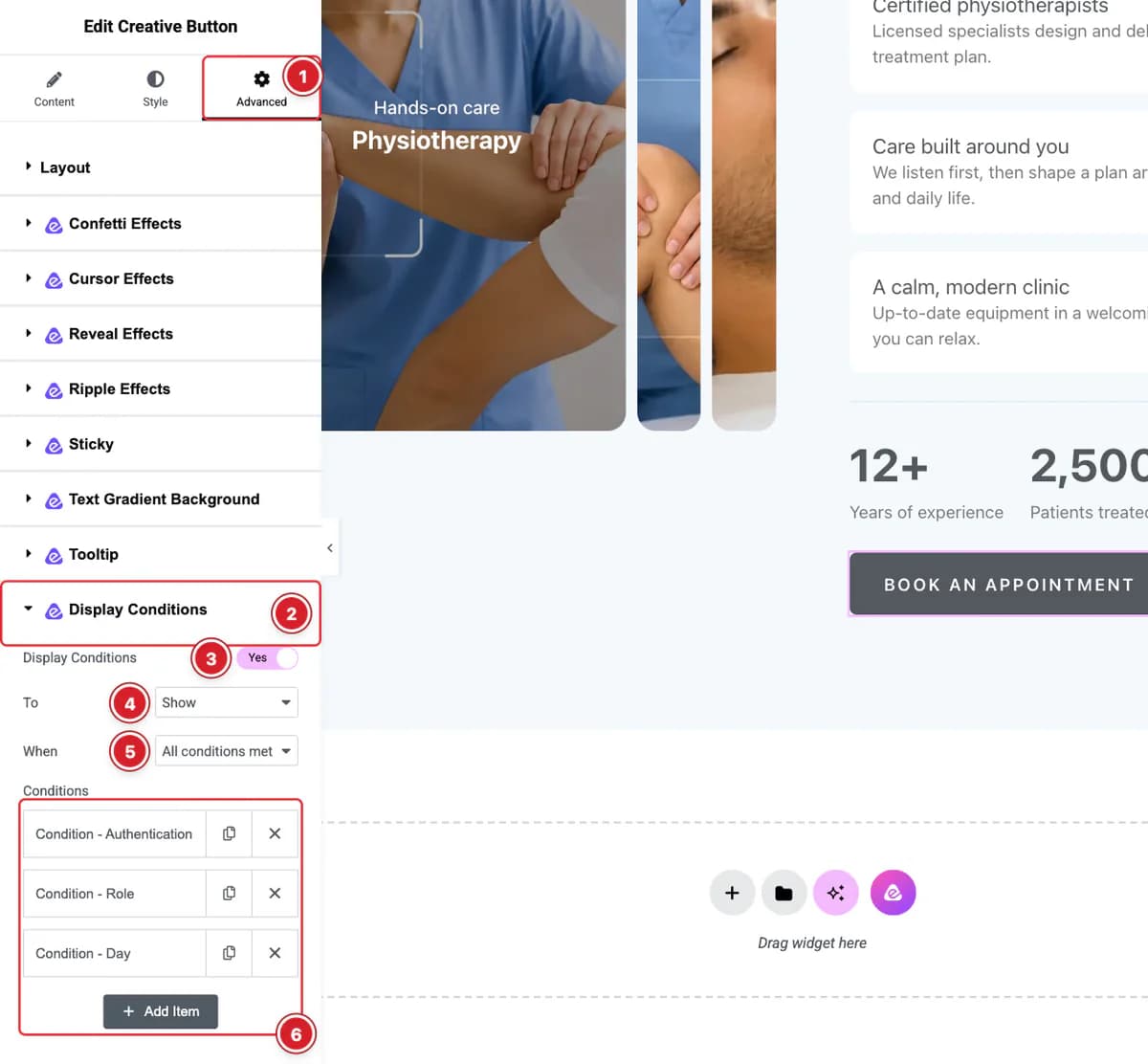 Display Conditions section in the Advanced tab of an Elementor widget