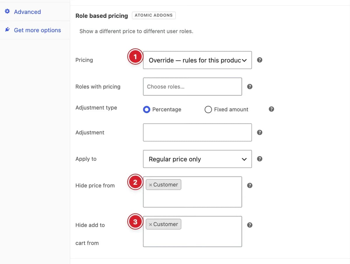 Per-product hide options in the Role based pricing section