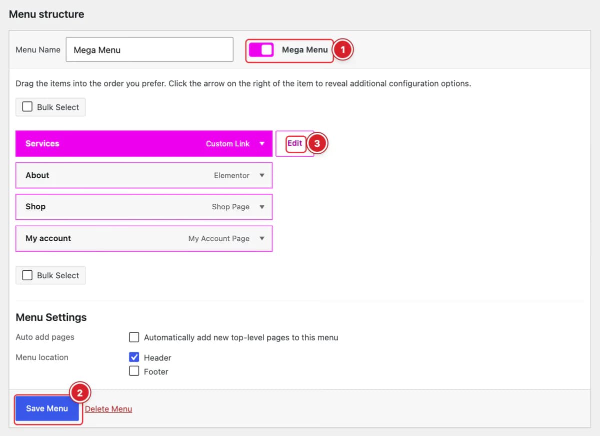 Mega Menu switch and Edit button on the Appearance → Menus screen