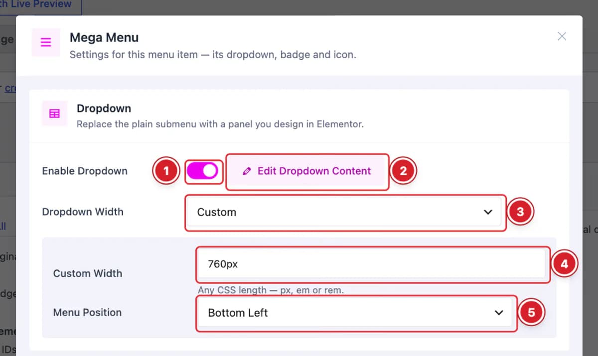 Dropdown settings of a menu item in the Mega Menu window
