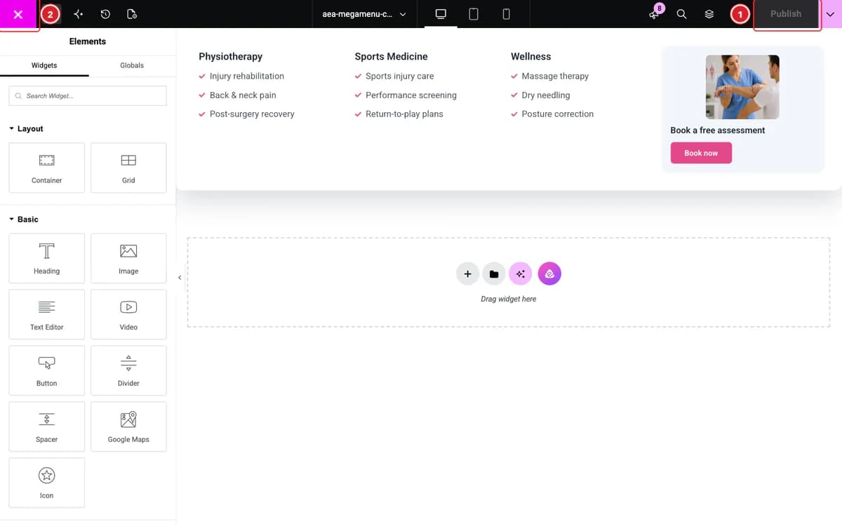 Designing a mega menu panel in Elementor
