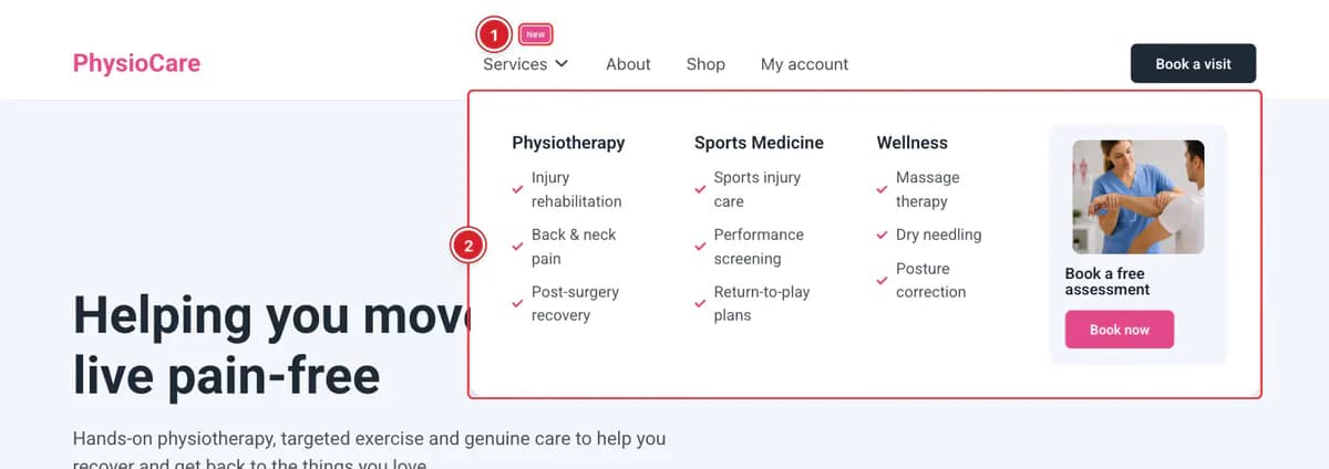 A mega menu panel open on the live site