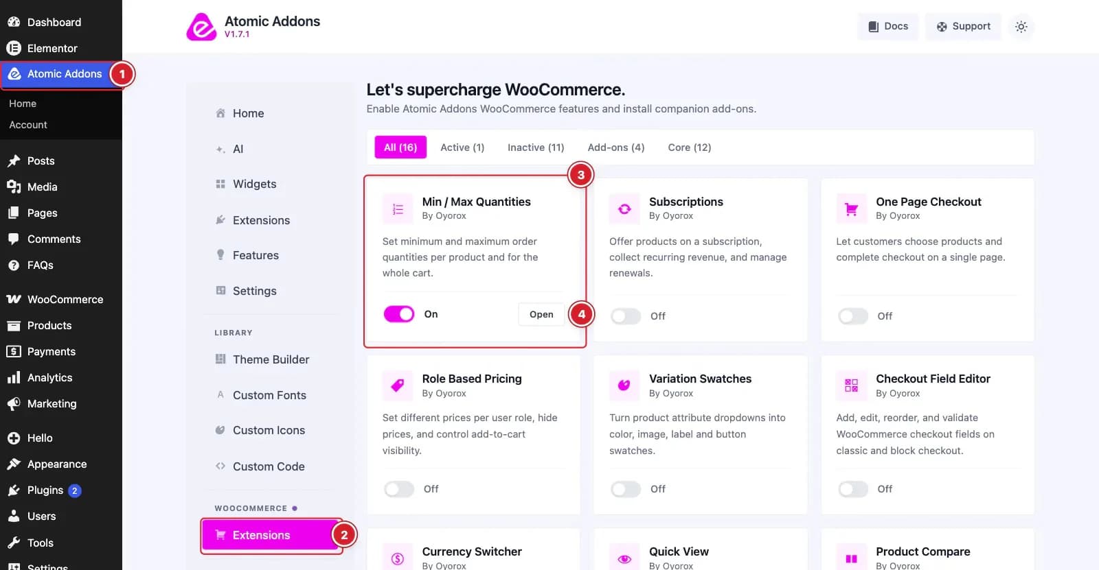 Enable the Min Max Quantities extension in the Atomic Addons WooCommerce Extensions screen