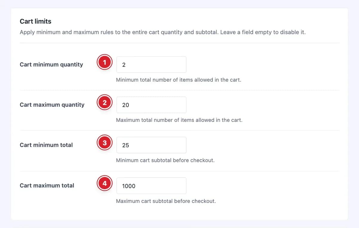 Cart limits settings of the Min Max Quantities extension