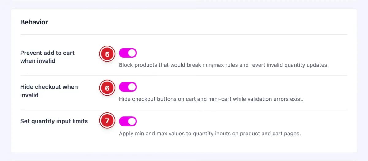 Behavior settings of the Min Max Quantities extension