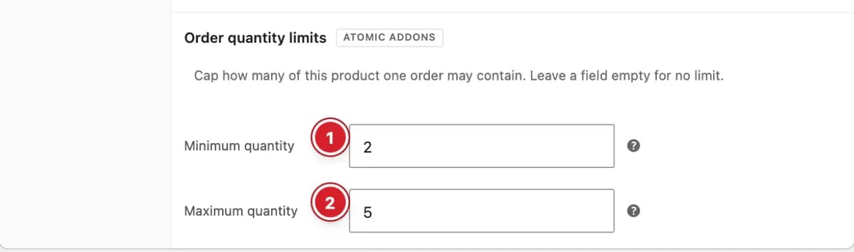 Order quantity limits in the product's Inventory tab
