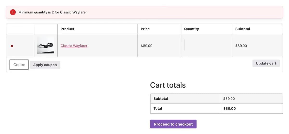 Cart showing the minimum quantity message