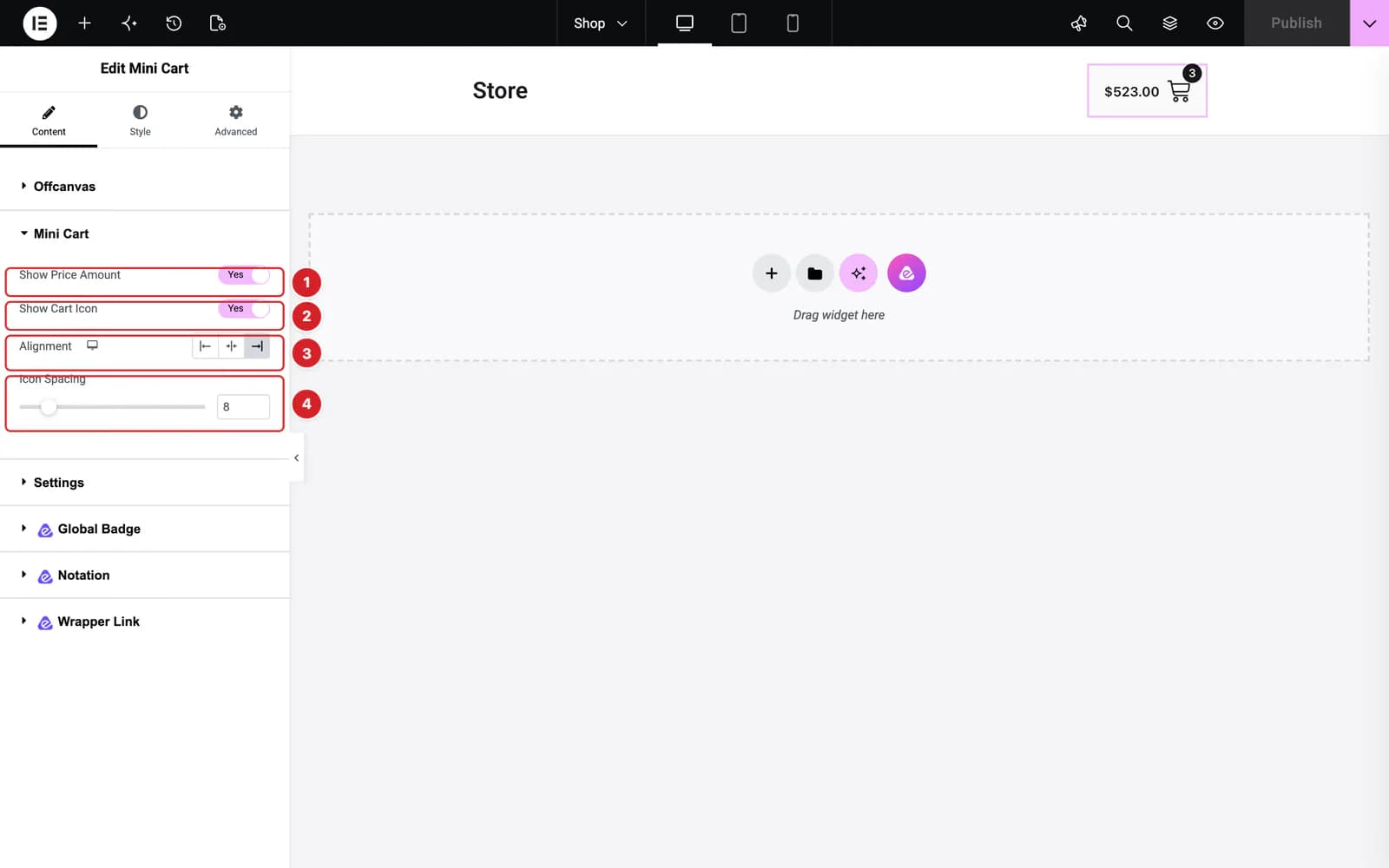 The Mini Cart widget in a header in the Elementor editor, with its Mini Cart controls numbered