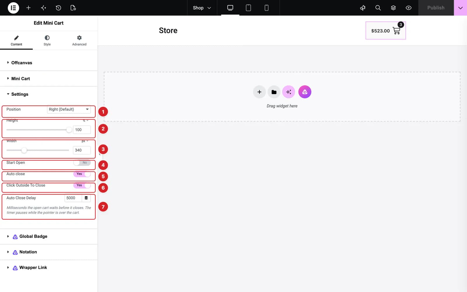 The Settings section of the Mini Cart widget, with its controls numbered