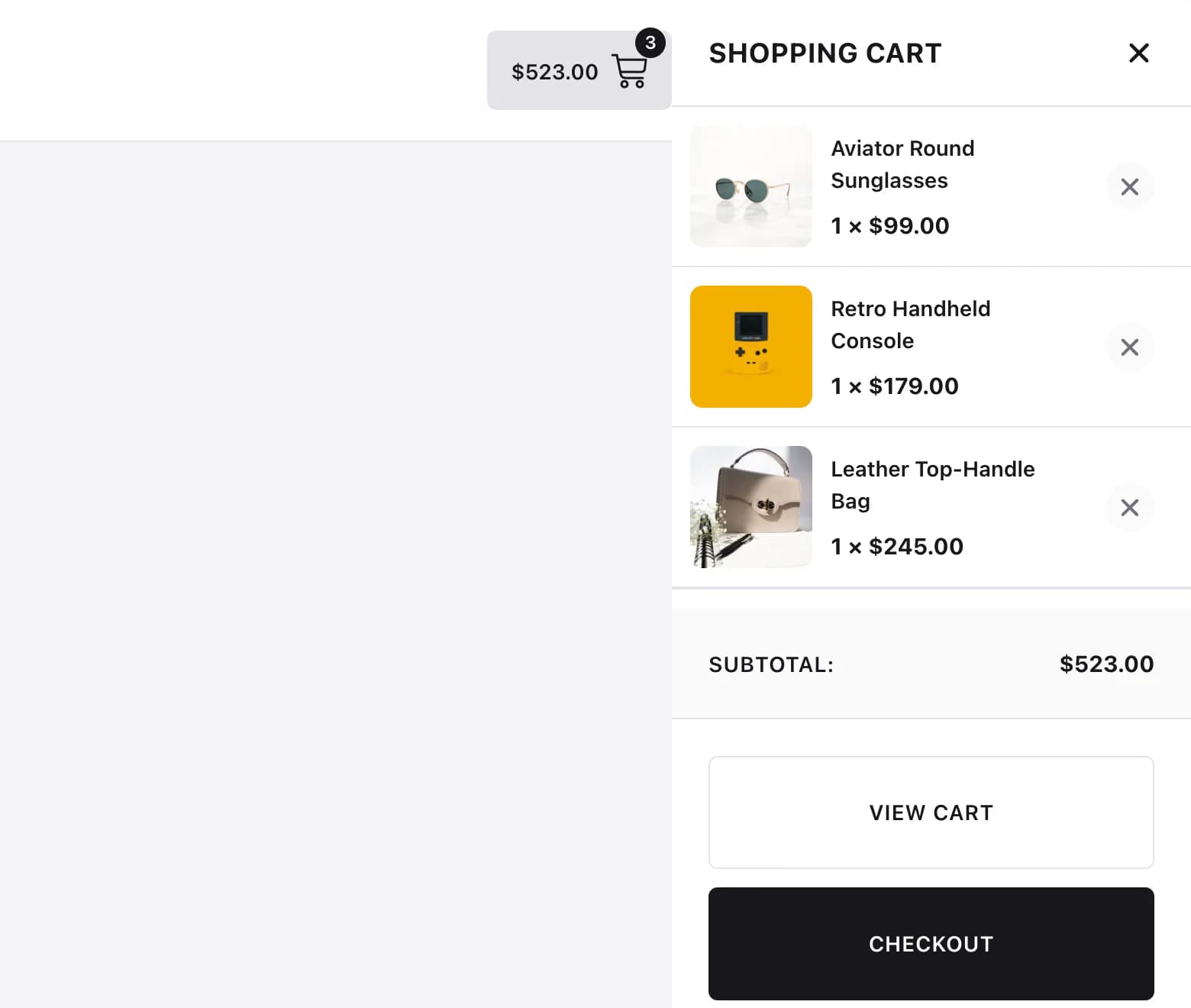 The Mini Cart panel open on the right, listing three products with their prices, the subtotal and the View cart and Checkout buttons, with a close button by the title