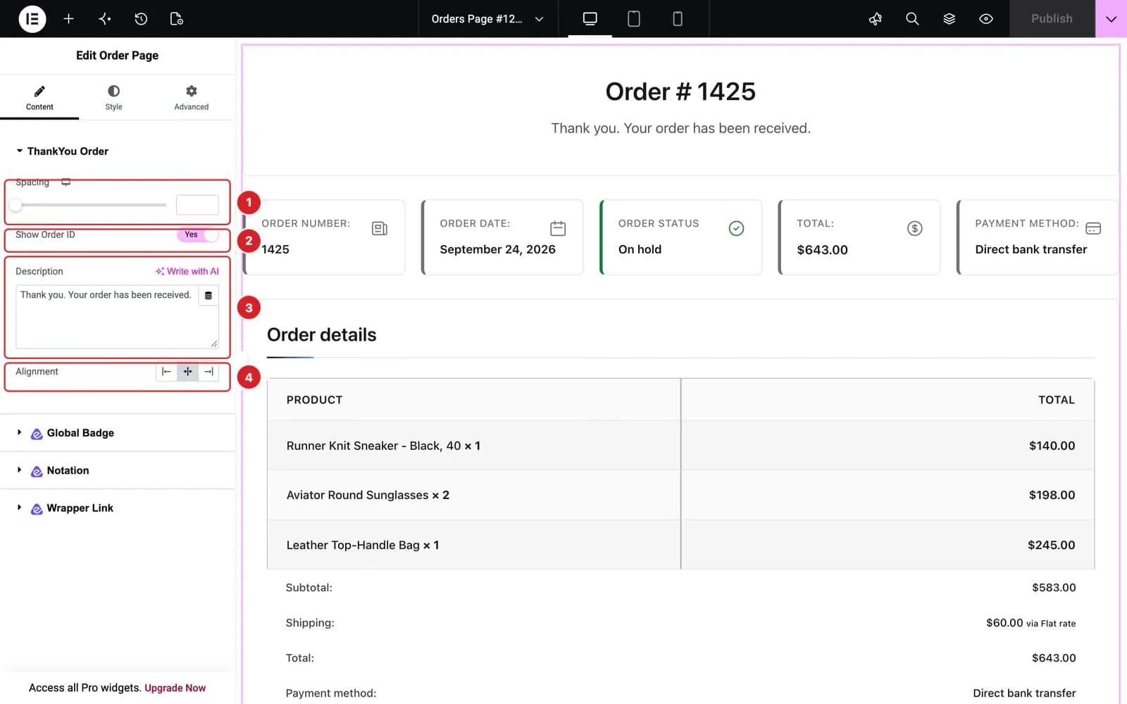 The Order Page widget selected in the Elementor editor, with its ThankYou Order controls open