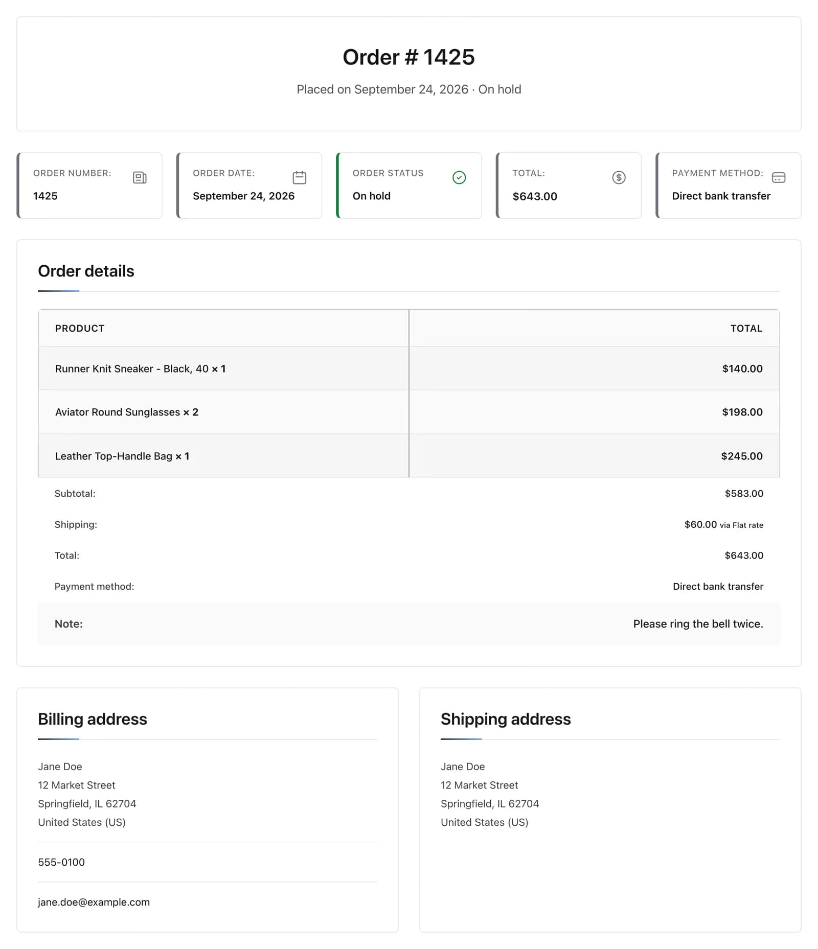 The Order Page widget on a live order, with its heading, summary card, order details table and addresses