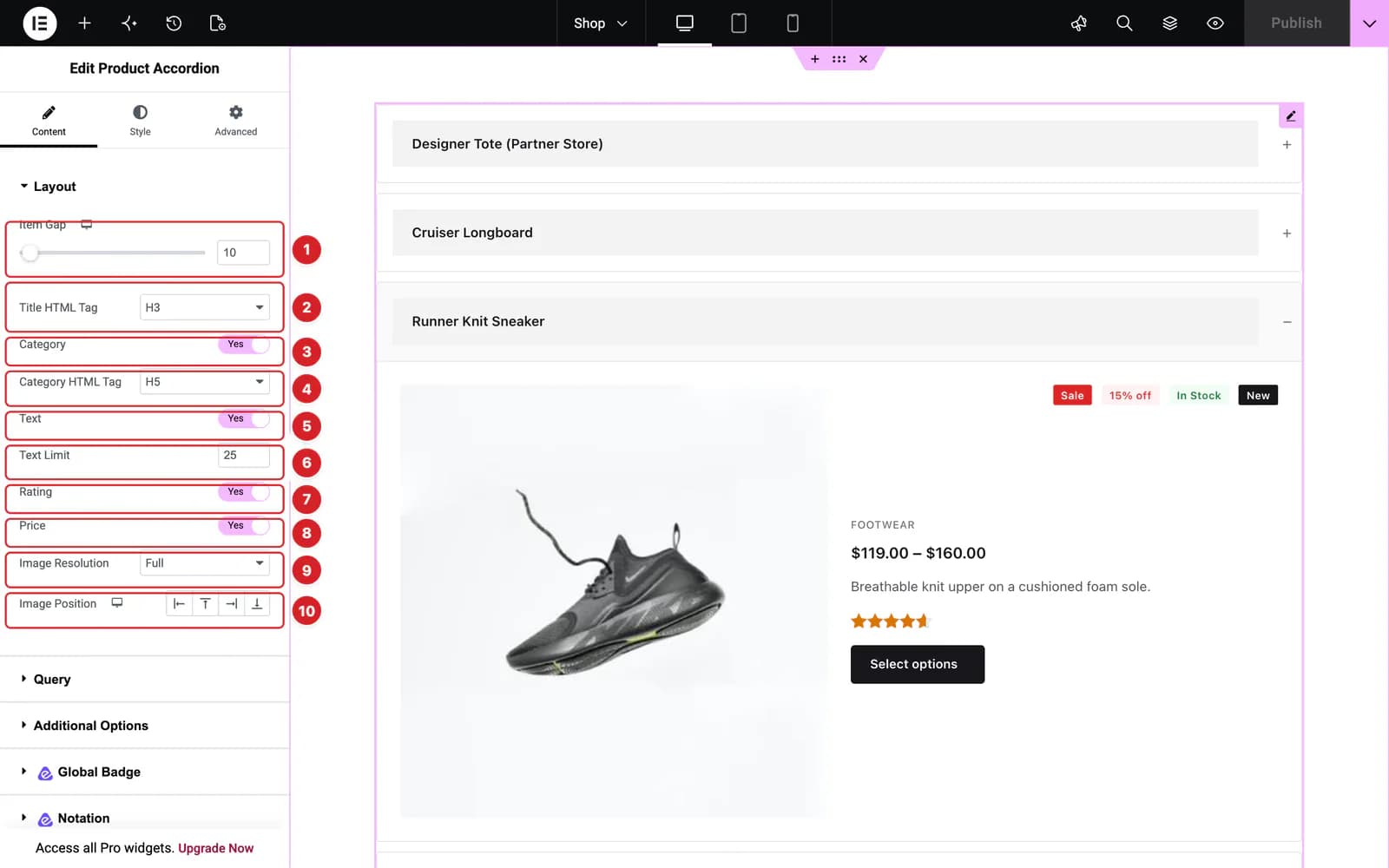 The Product Accordion widget in the Elementor editor with its third product open, and its Layout controls numbered