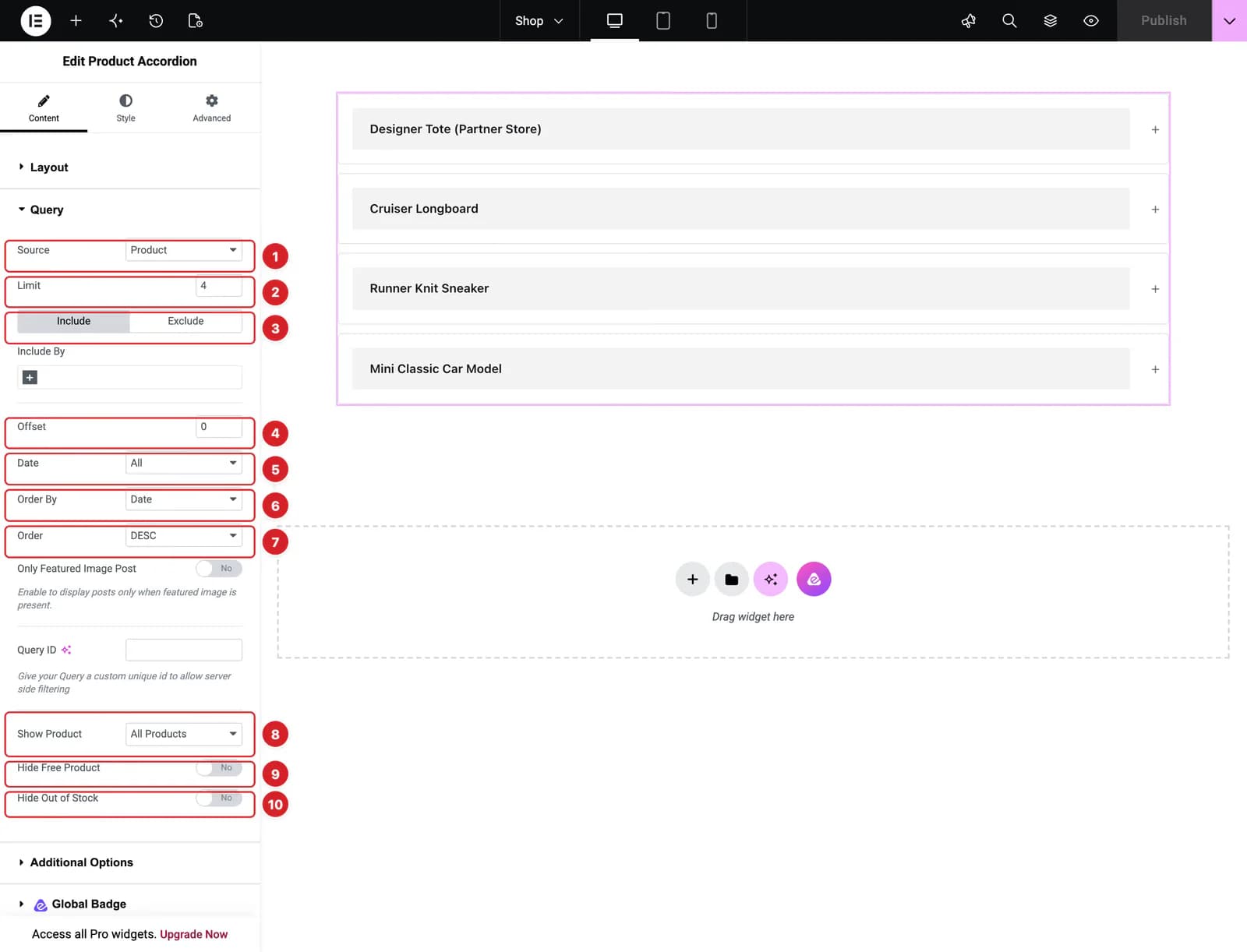 The Query section of the Product Accordion widget, with its controls numbered