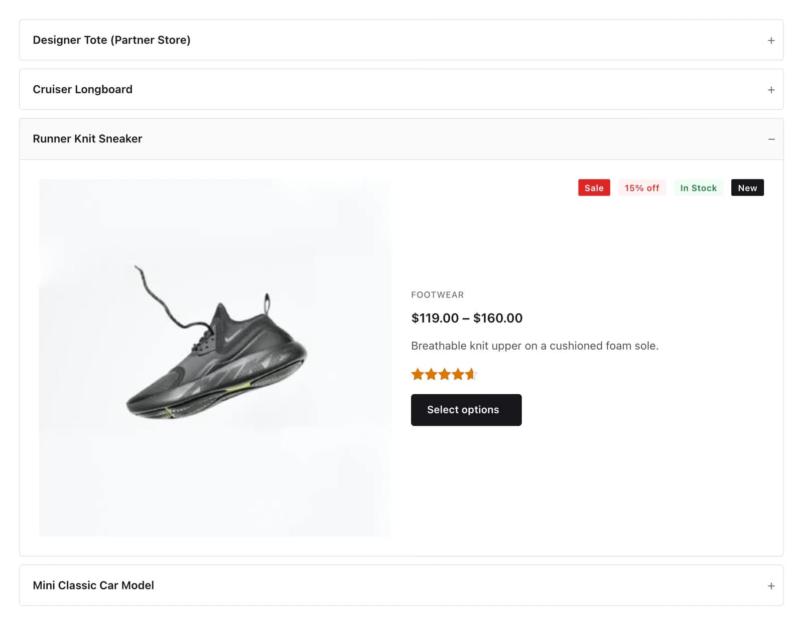 A product accordion with the Runner Knit Sneaker open, showing its image, badges, category, price, description, rating and Select options button