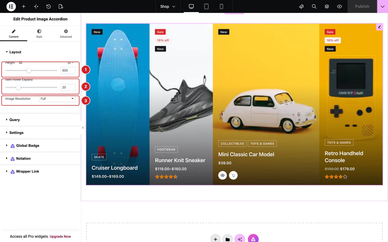 The Product Image Accordion widget in the Elementor editor, with its Layout controls numbered and the third panel widened