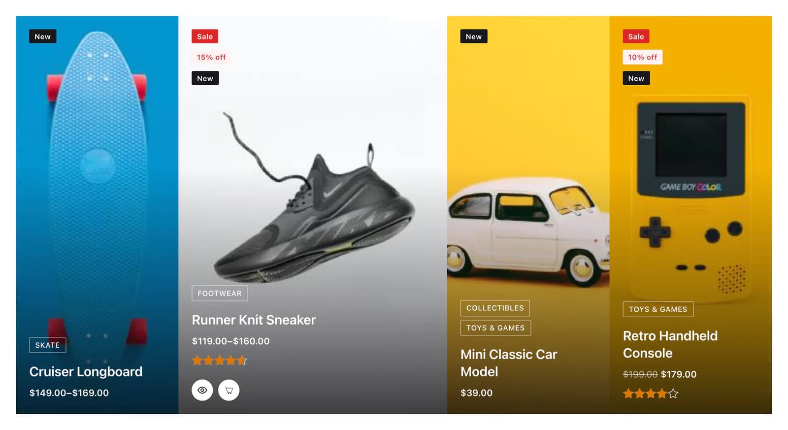 Four product panels; the second one is widened by the pointer and shows quick view and add to cart buttons