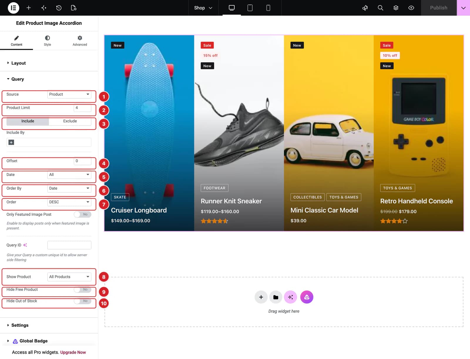 The Query section of the Product Image Accordion widget, with its controls numbered