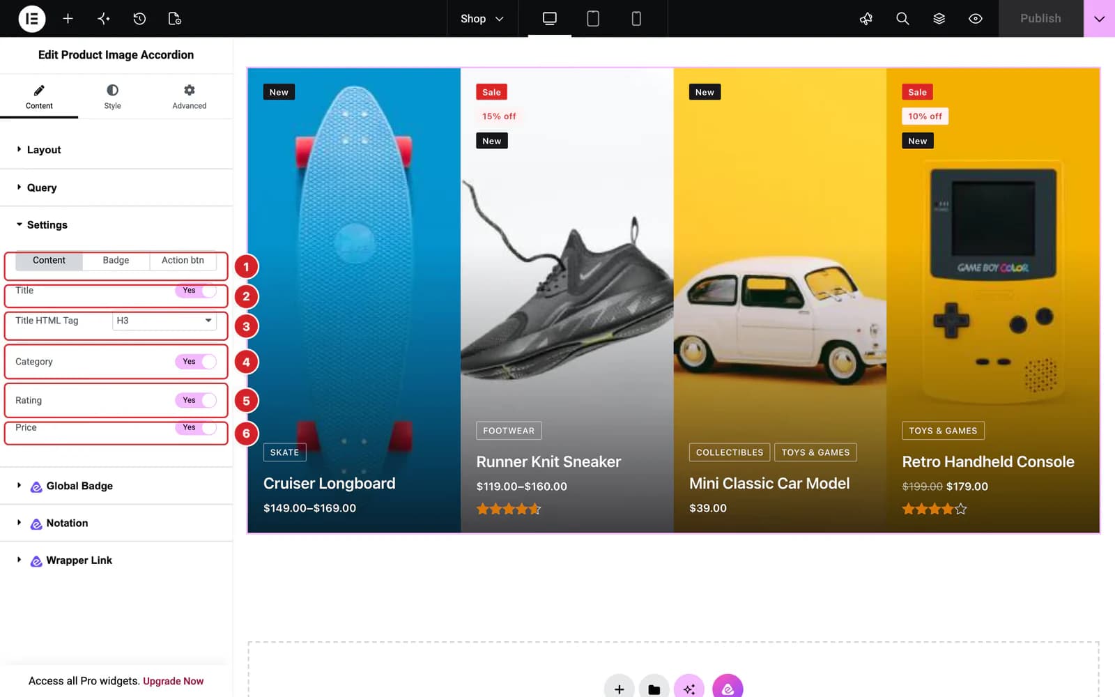The Settings section of the Product Image Accordion widget, with its Content tab open