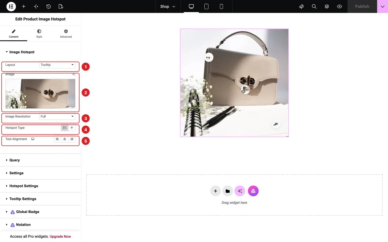 The Product Image Hotspot widget in the Elementor editor: a bag photo with three round product hotspots, and the Image Hotspot controls numbered