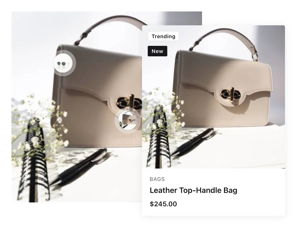The pointer on the bag hotspot opens a product card to its right with the bag's photo, badges, category, name and price