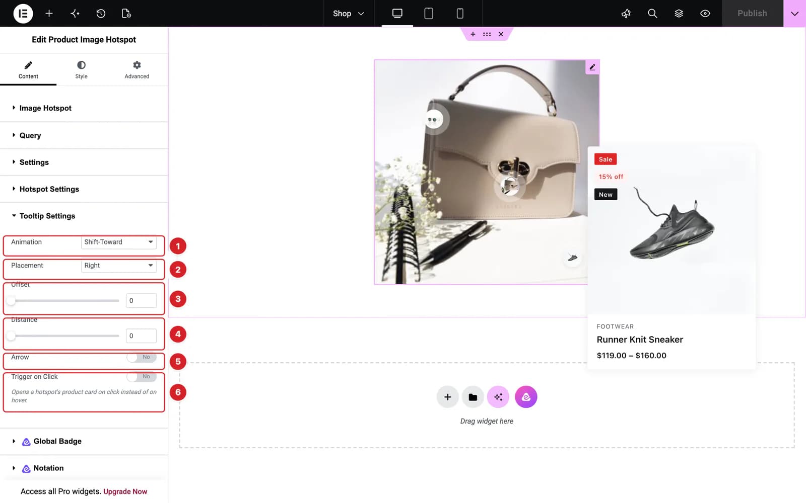 The Tooltip Settings section with Placement set to Right; in the preview the sneaker hotspot's card is open