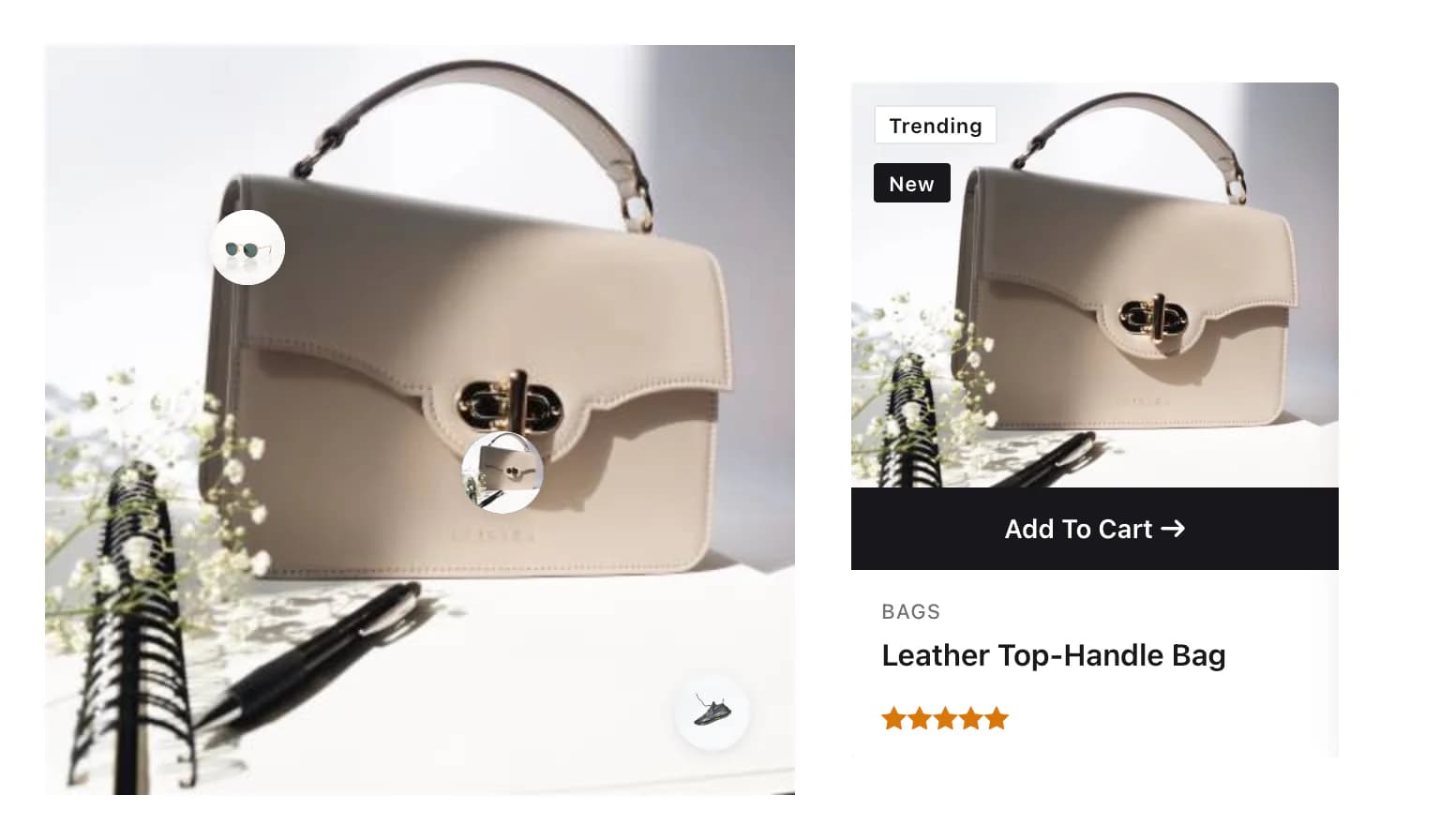 The Slider layout: the photo with three hotspots on the left and the bag's product card, with its Add To Cart bar, on the right