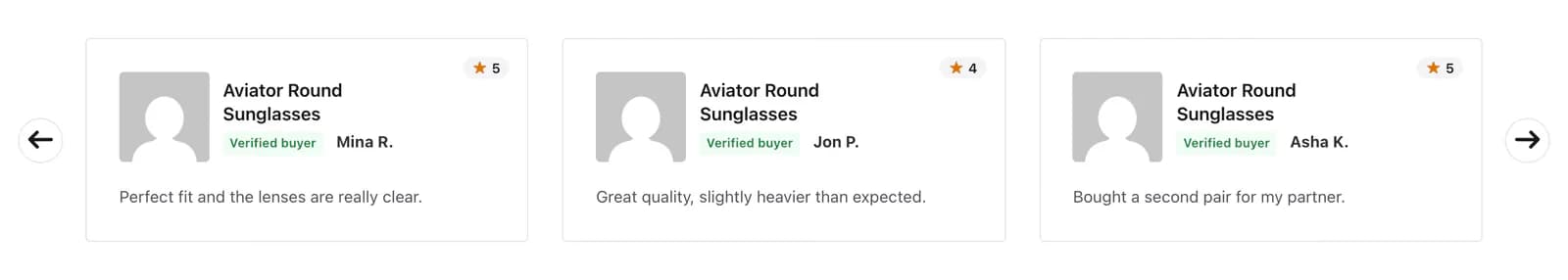Three review cards in a carousel with round arrow buttons at the left and right