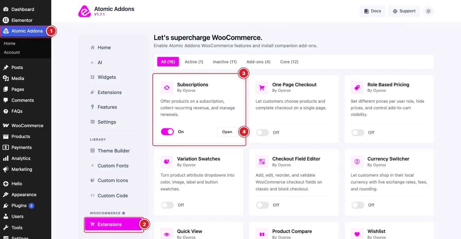 Enable the Subscriptions extension in the Atomic Addons WooCommerce Extensions screen