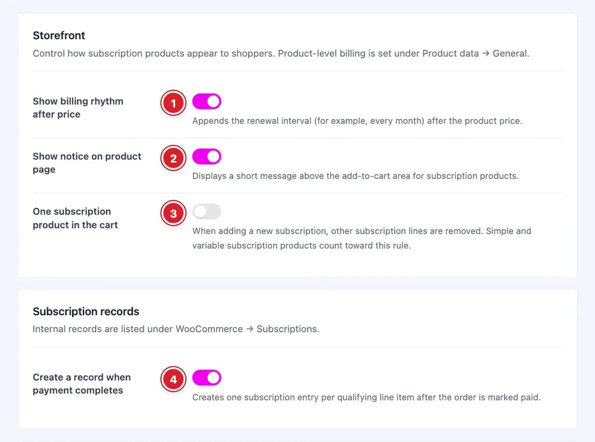 Storefront and record settings of the Subscriptions extension
