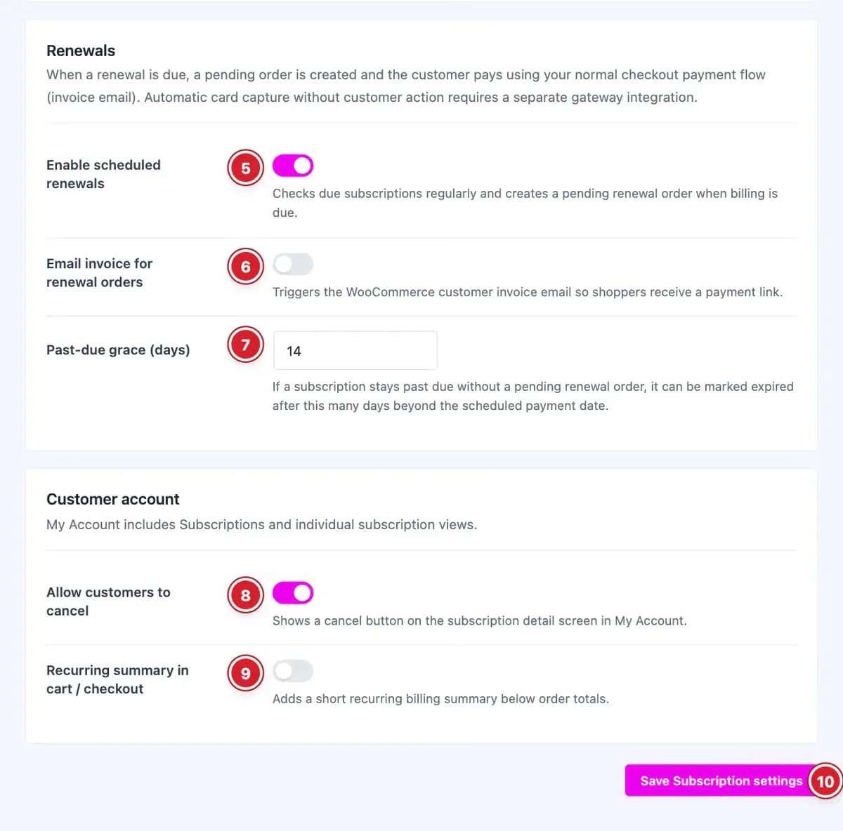 Renewal and customer account settings of the Subscriptions extension