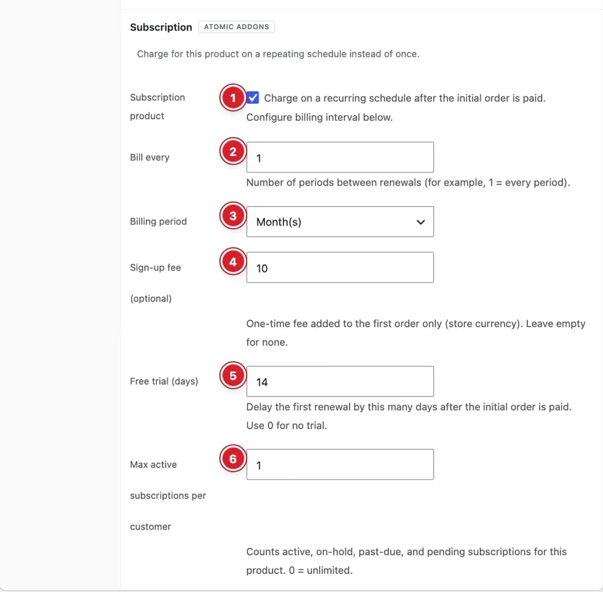 Subscription section in the product's General tab