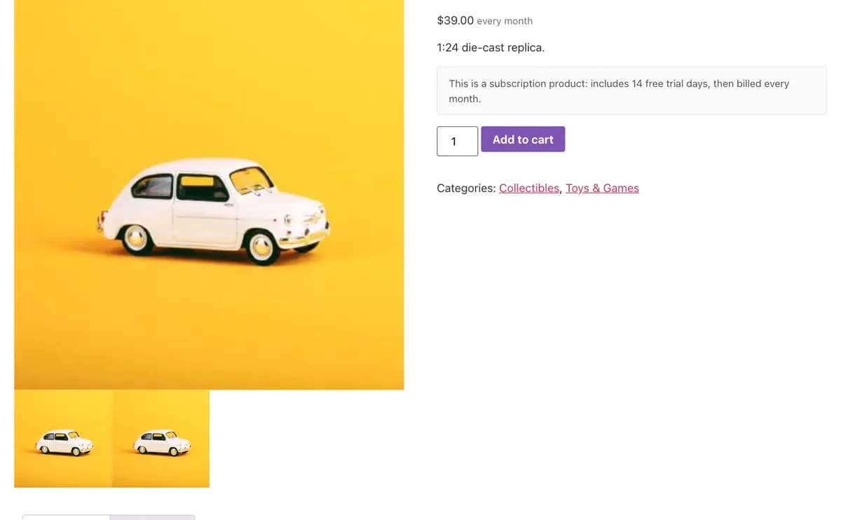 Subscription product page with the billing rhythm and notice