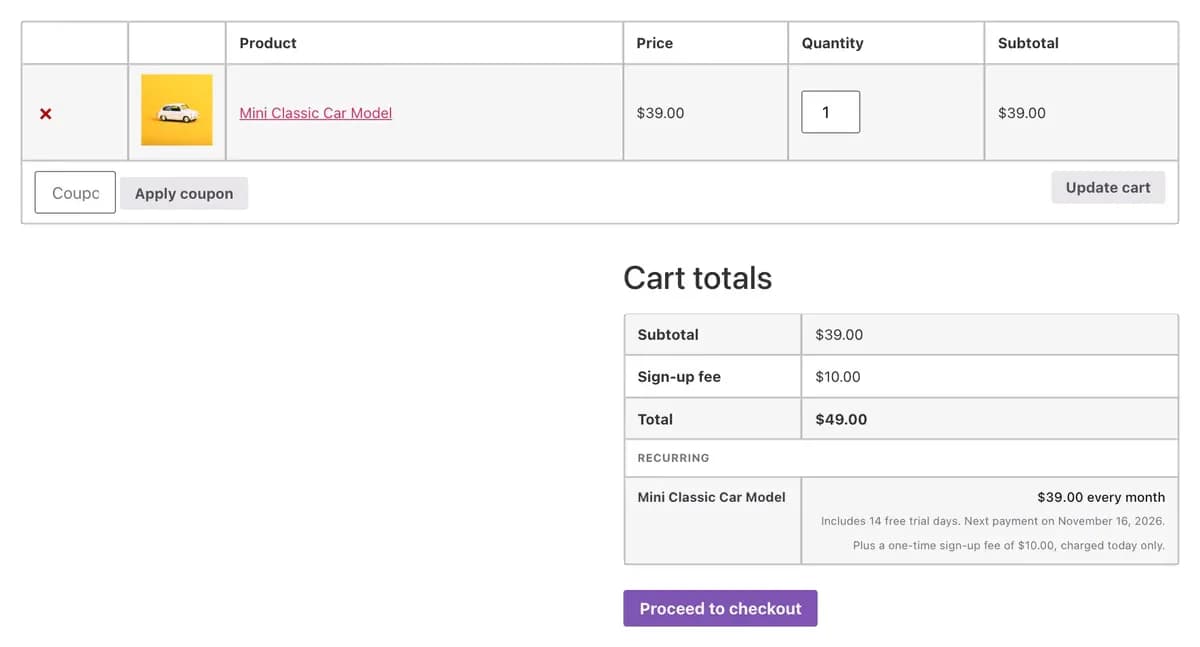 Cart with the sign-up fee and the Recurring summary