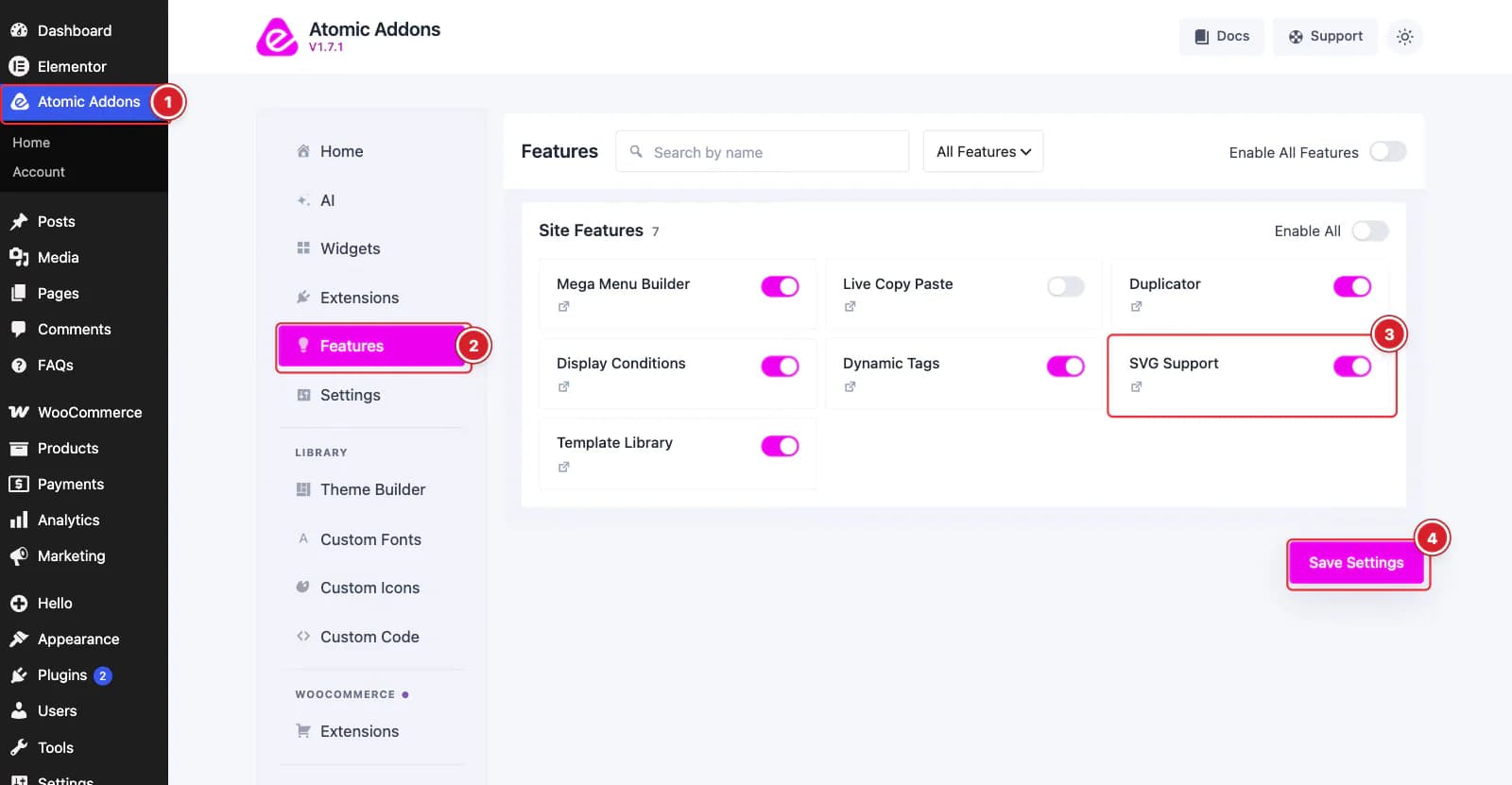 Enable the SVG Support feature in the Atomic Addons Features screen