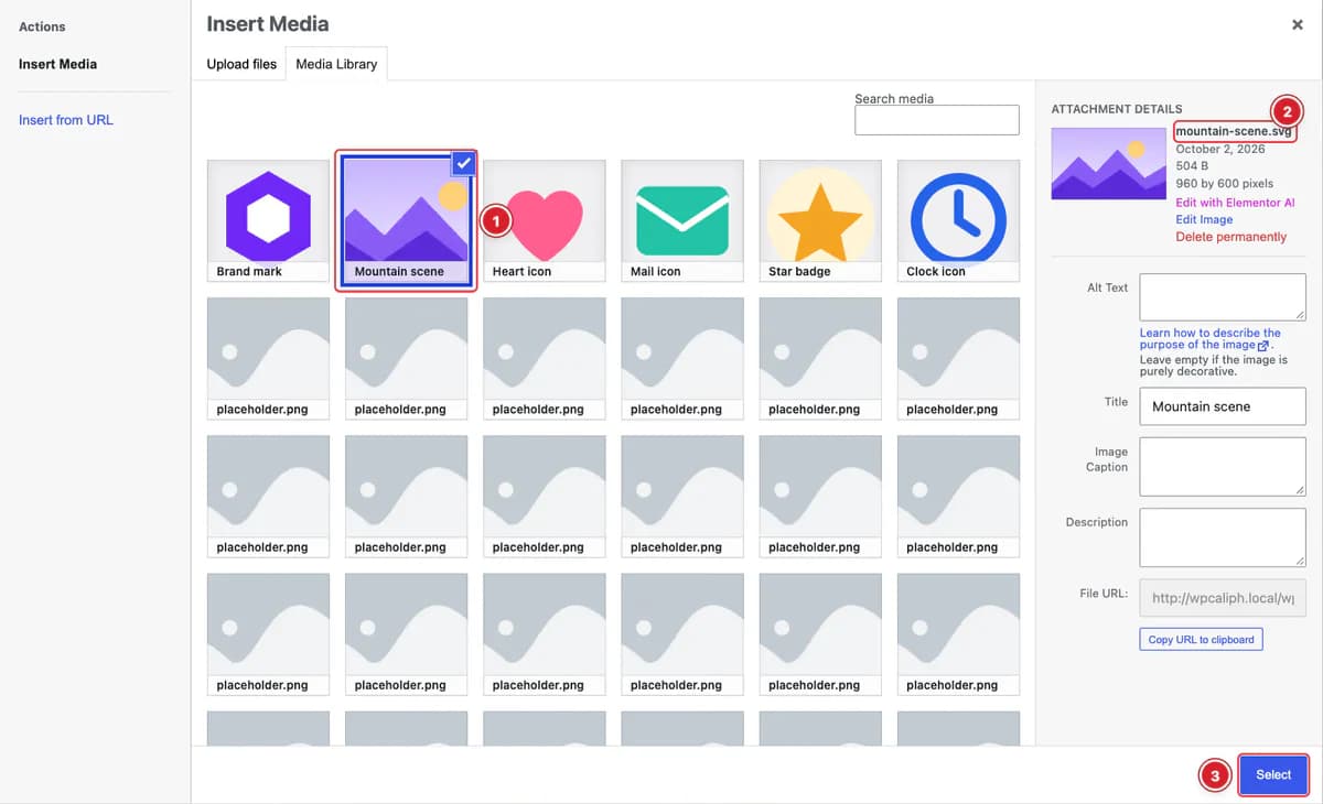 Choosing an SVG from the Media Library in Elementor