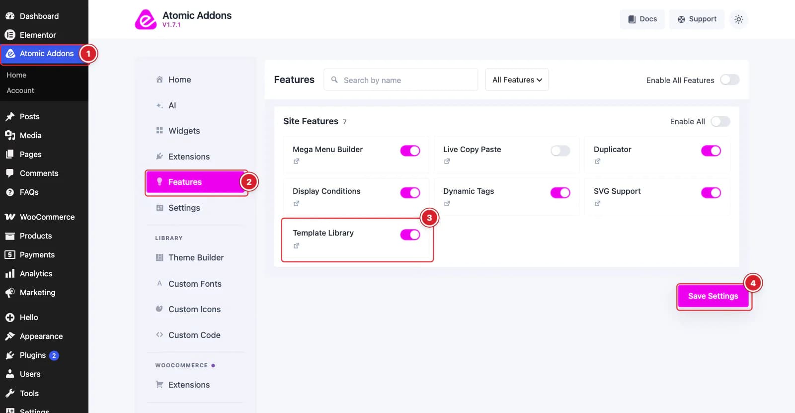 Enable the Template Library feature in the Atomic Addons Features screen