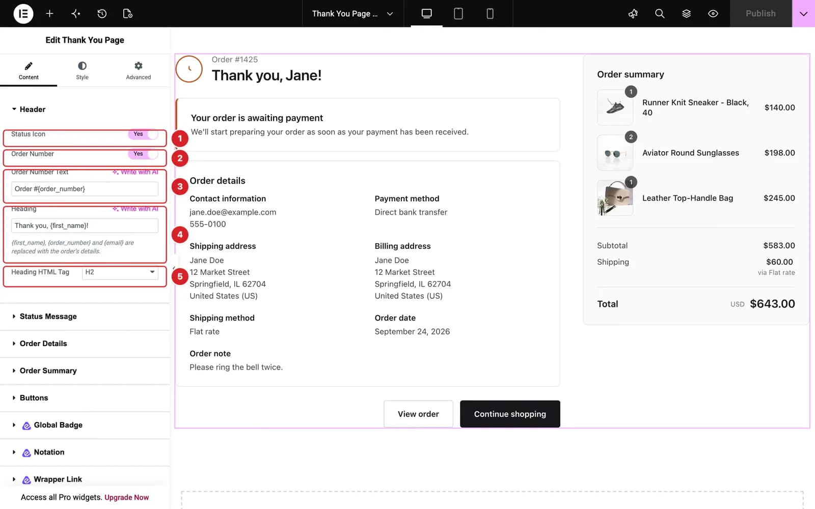 The Thank You Page widget selected in the Elementor editor, with its Header controls open