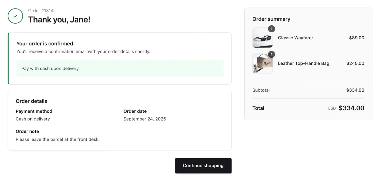 The Thank You Page widget showing a confirmed order, with the summary card beside the details